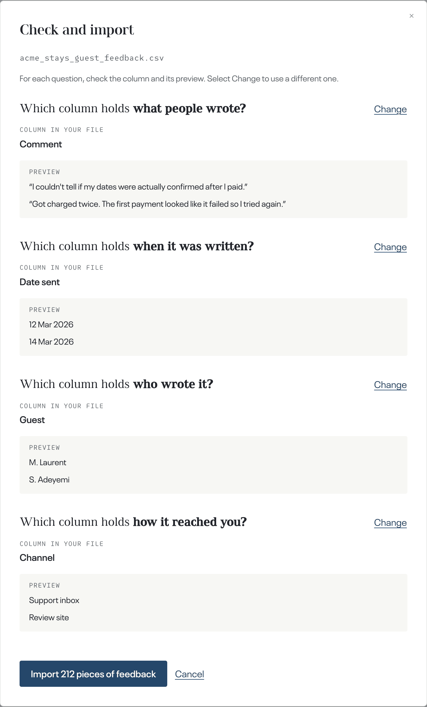 Check and import · four questions, each with its column and preview