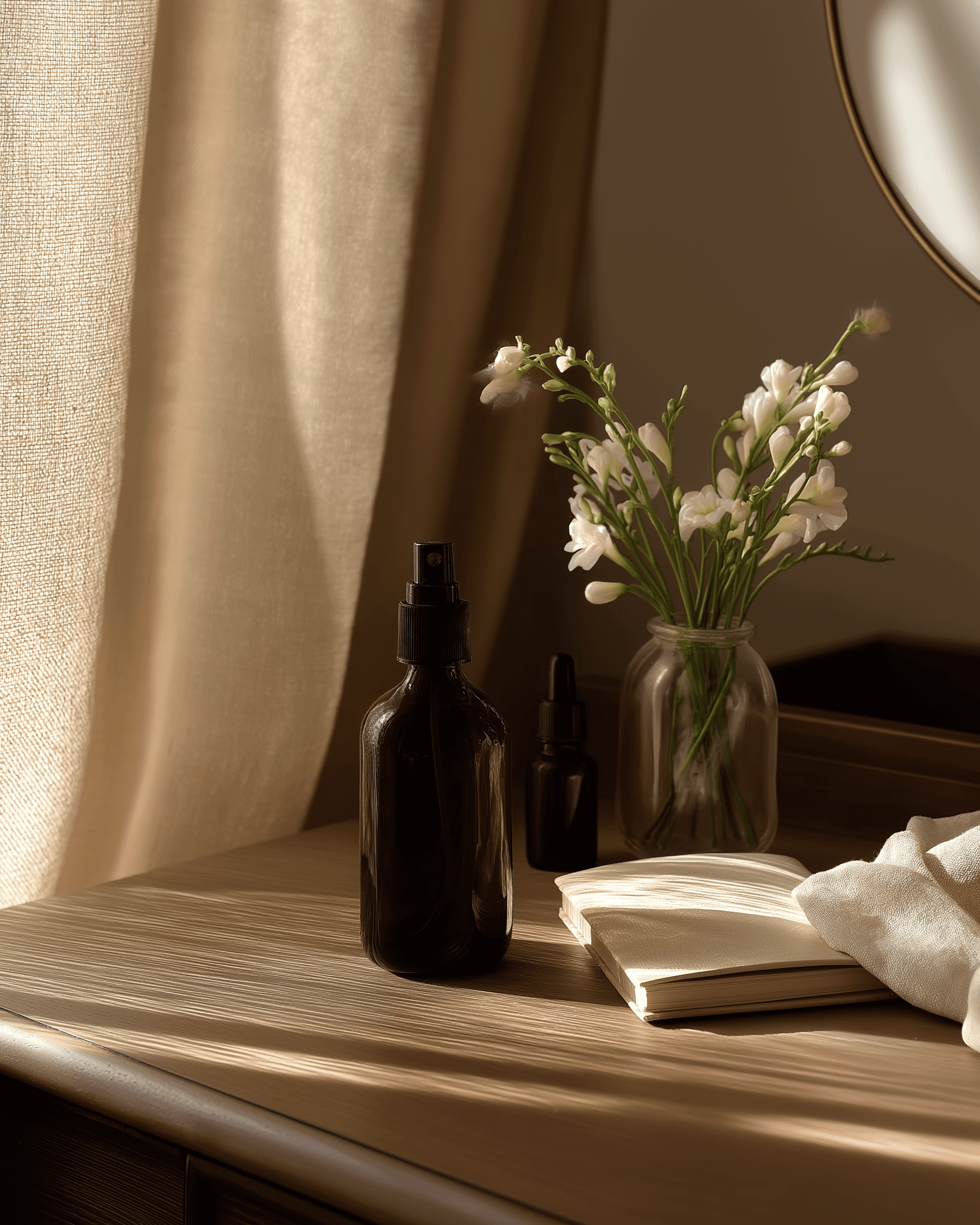Elegant scene of brown glass bottles, a notebook, and white flowers on a wood surface, softly lit by sunlight from beige curtains.