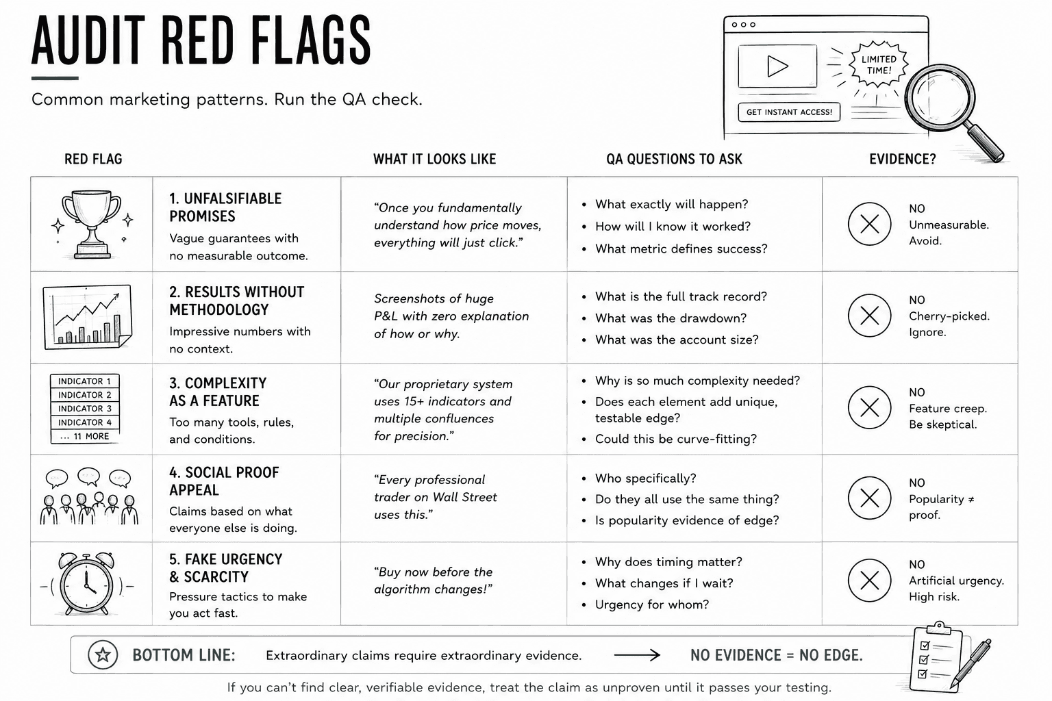 A decision framework illustrating common red flags in trading marketing, including unfalsifiable promises, results without methodology, unnecessary complexity, social proof appeals, and urgency tactics. The infographic teaches traders to pause and verify evidence before trusting promotional claims.