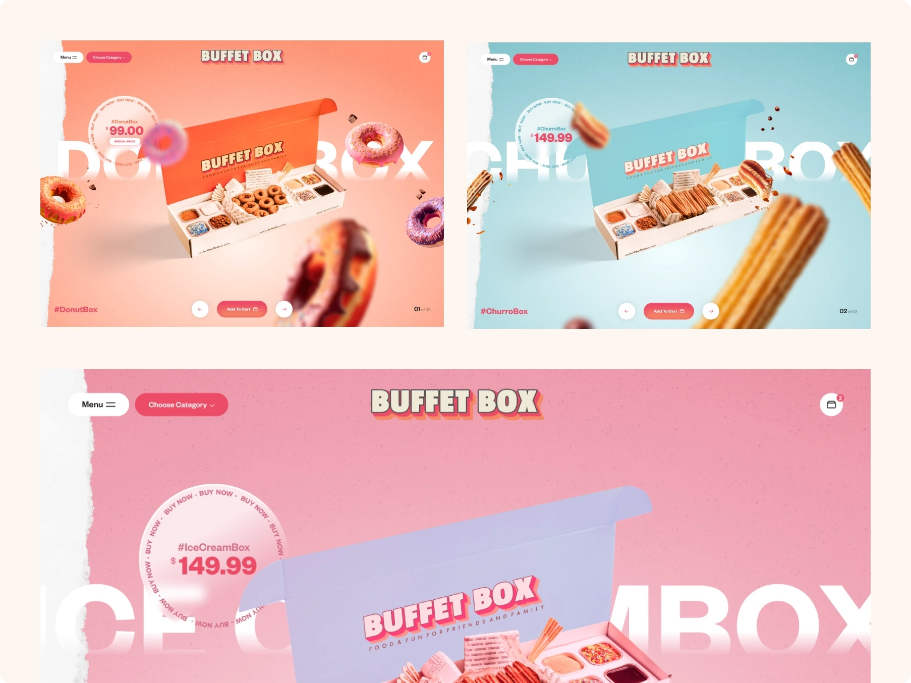 Collage of three colorful “Buffet Box” website designs featuring assorted pastries and sushi-style foods, with playful pink and blue backgrounds.