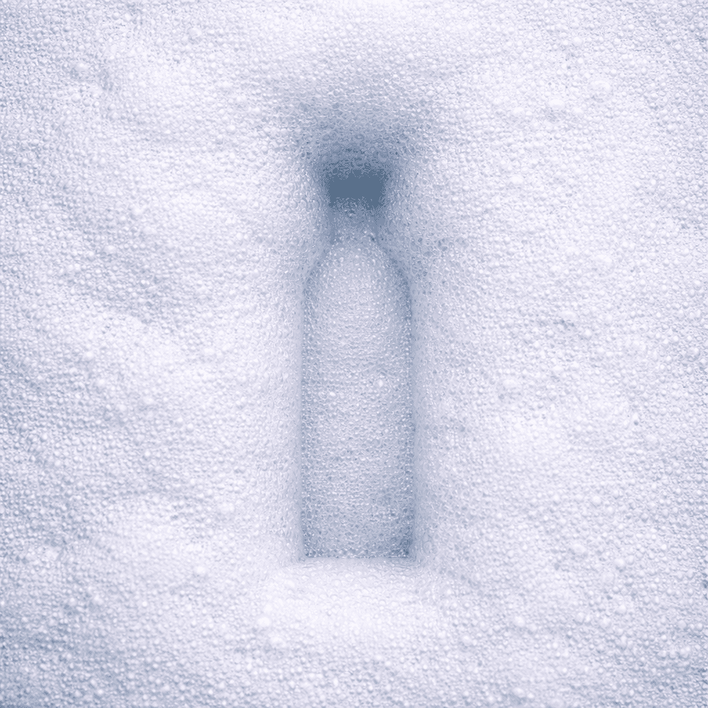 Silhouette of hair shampoo bottle in foam