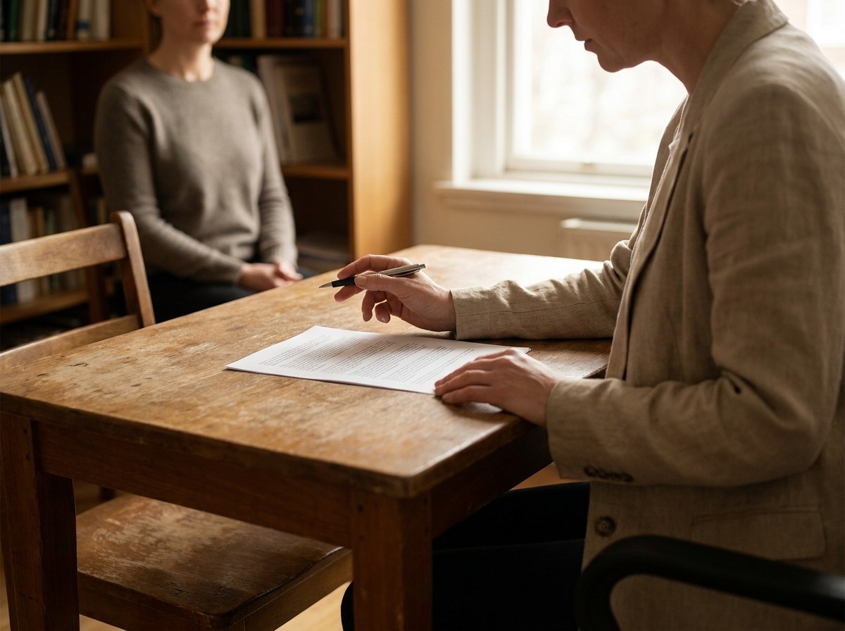 Fachperson prüft und korrigiert handschriftlich ein gedrucktes Dokument am Schreibtisch