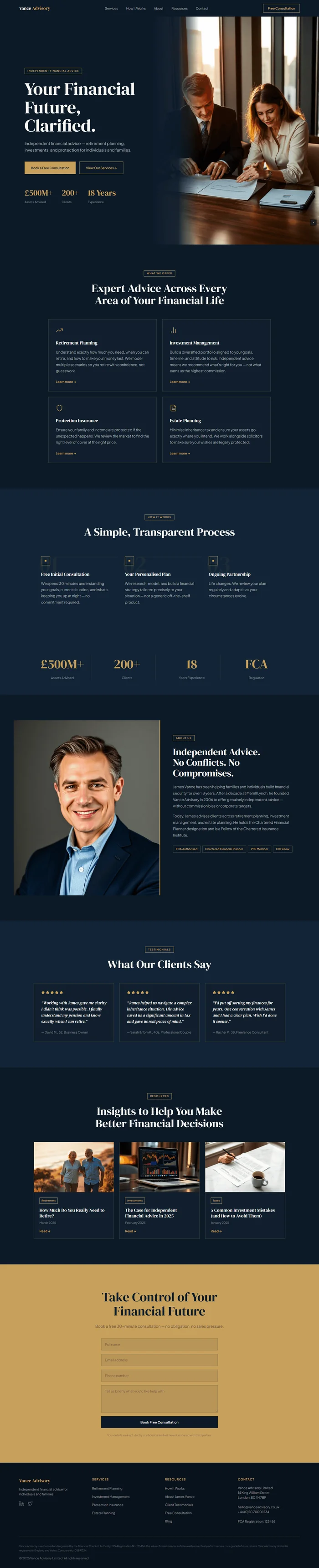 Lovable-generated Vance Advisory financial advisory site in deep navy and warm gold