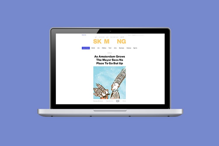 A silver laptop computer is open, displaying a webpage titled “SK M NG” at the top. The webpage features a headline “As Amsterdam Grows The Mayor Sees No Place To Go But Up” and a cartoon illustration. The browser’s menu bar includes tabs like “World,” “News,” “Politics,” “Sports,” and “Science.” The laptop is positioned against a solid blue background.