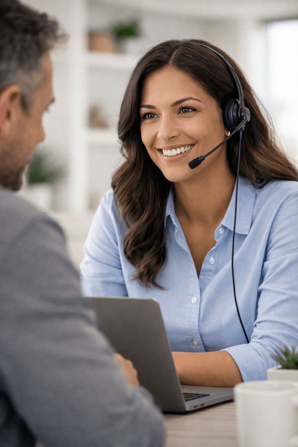 woman with headset talking to customer