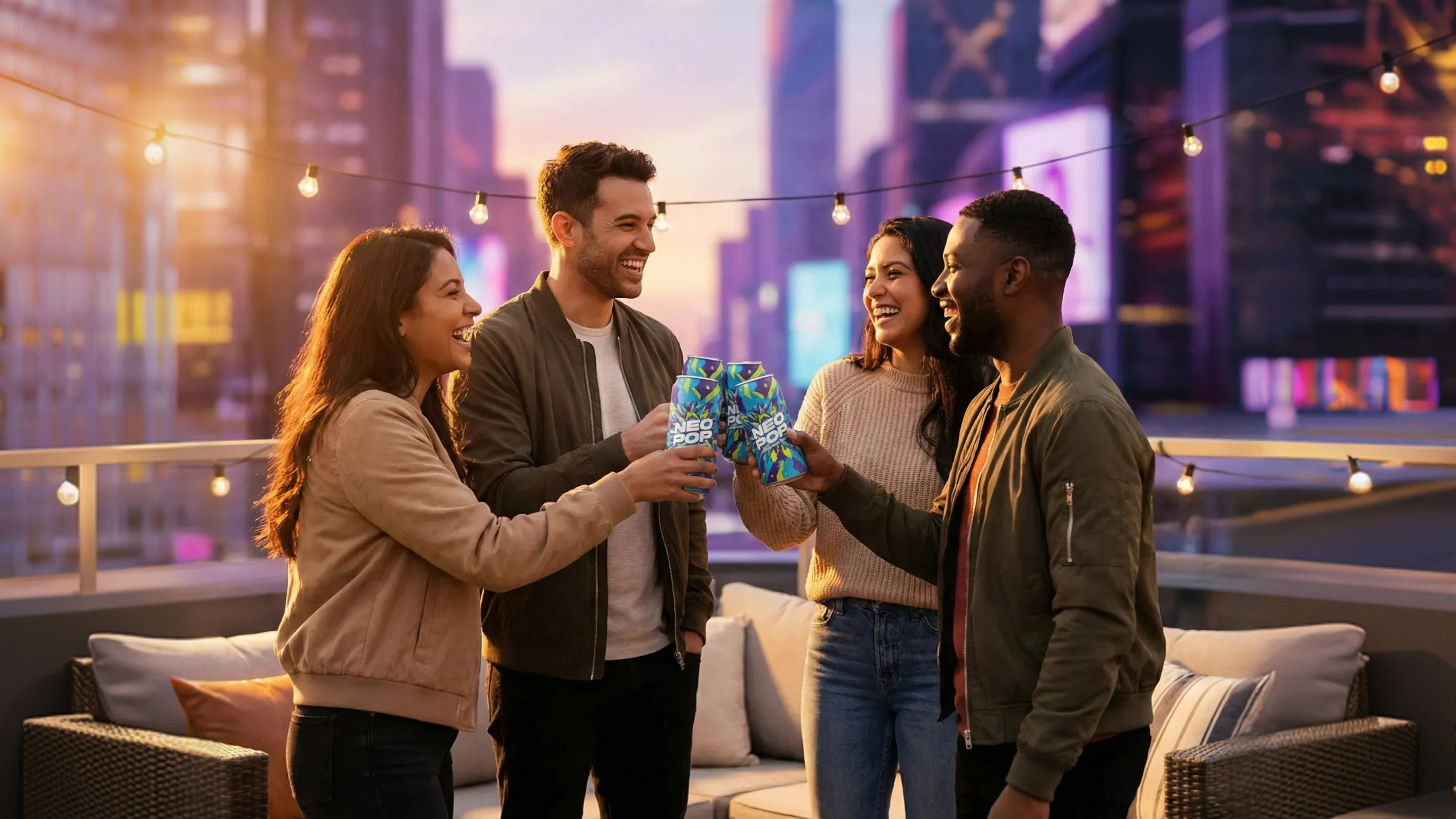 A group of friends enjoying Neo Pop cans on a city rooftop during sunset, emphasizing the brand's youthful appeal.