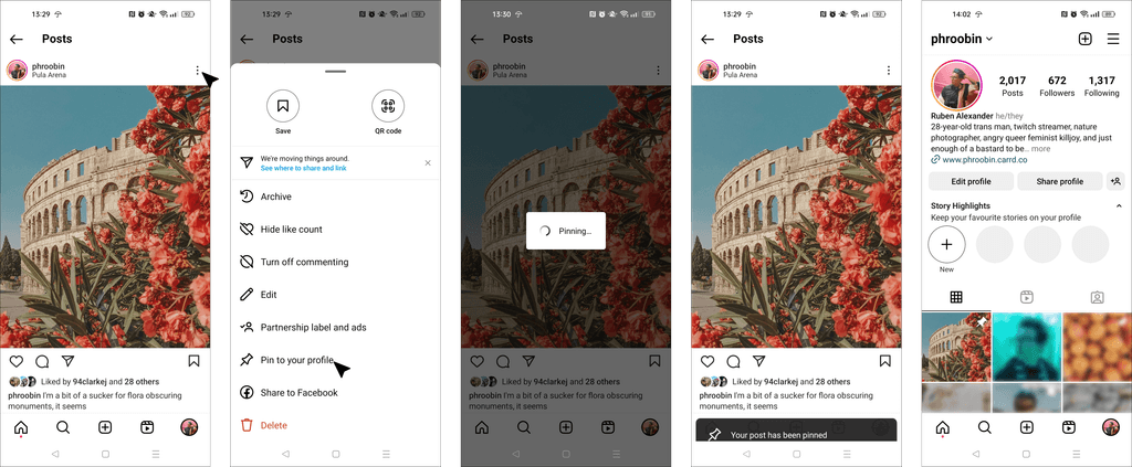 Four screenshots, showing the process of pinning a post on Instagram.