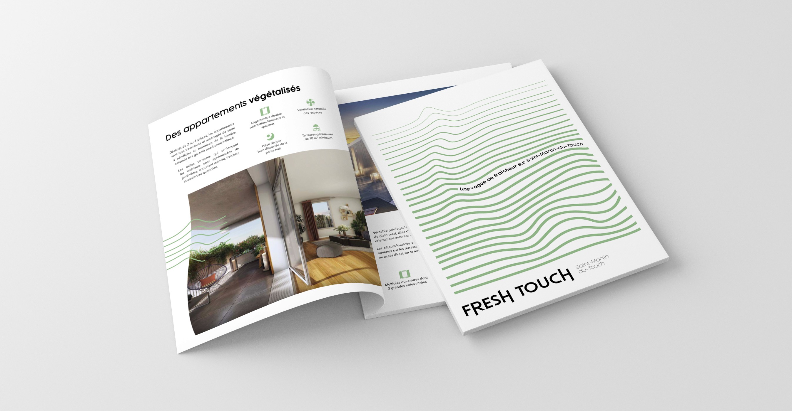 Plaquette commerciale pour résidence Fresh Touch, mise en page fluide et couleurs pastel