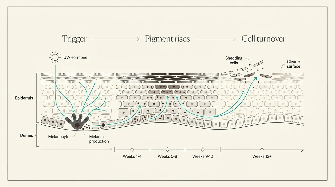 Timeline diagram of how a dark spot forms in the lower skin layers and clears as cells turn over.