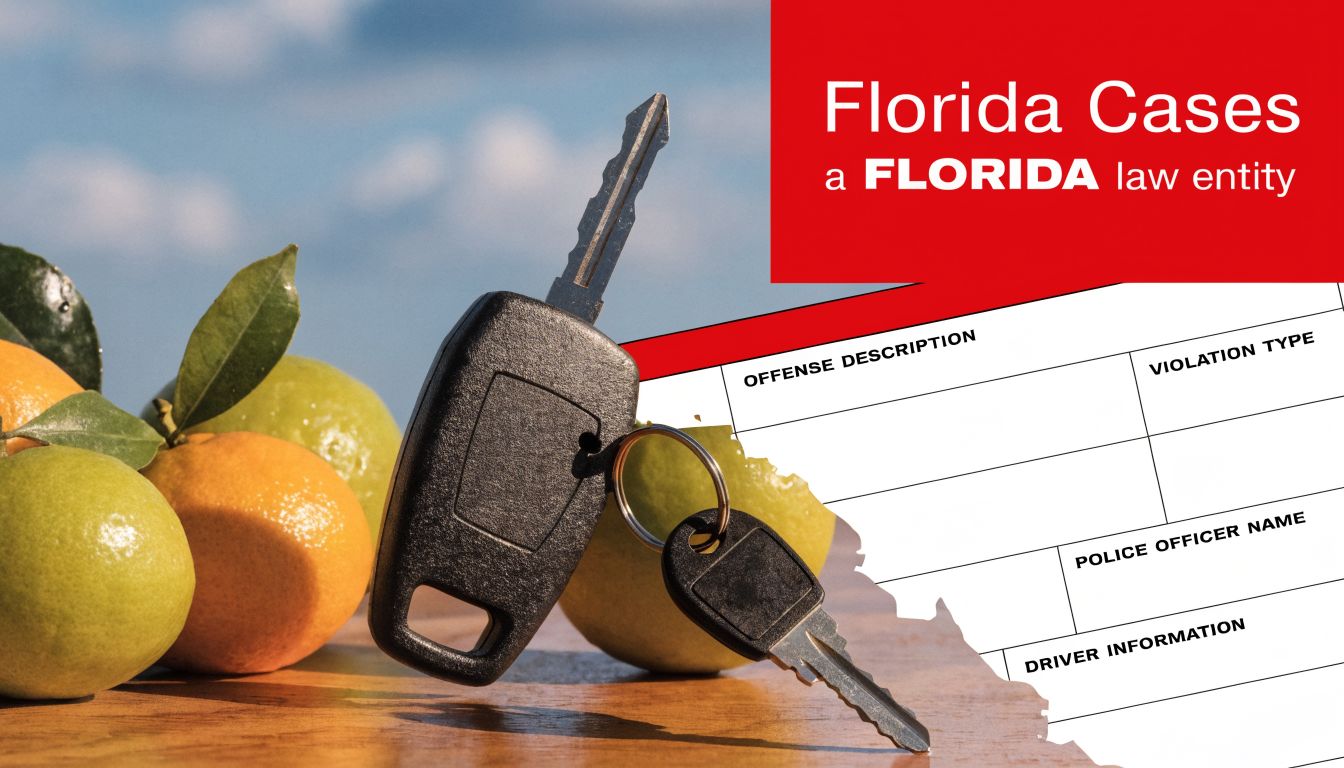 A car key sitting in front of a document labeled Florida Cases, featuring fresh citrus fruits nearby.