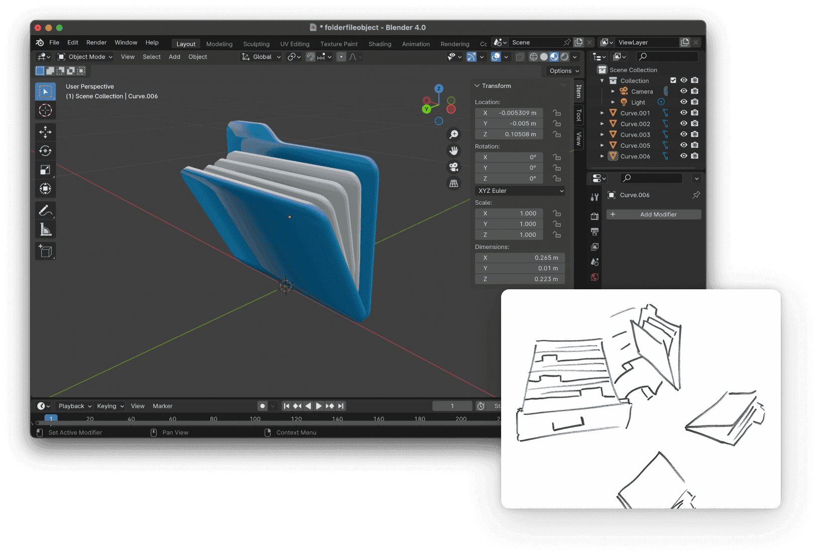 Screenshot of Blender with blue folder 3D model and sketches