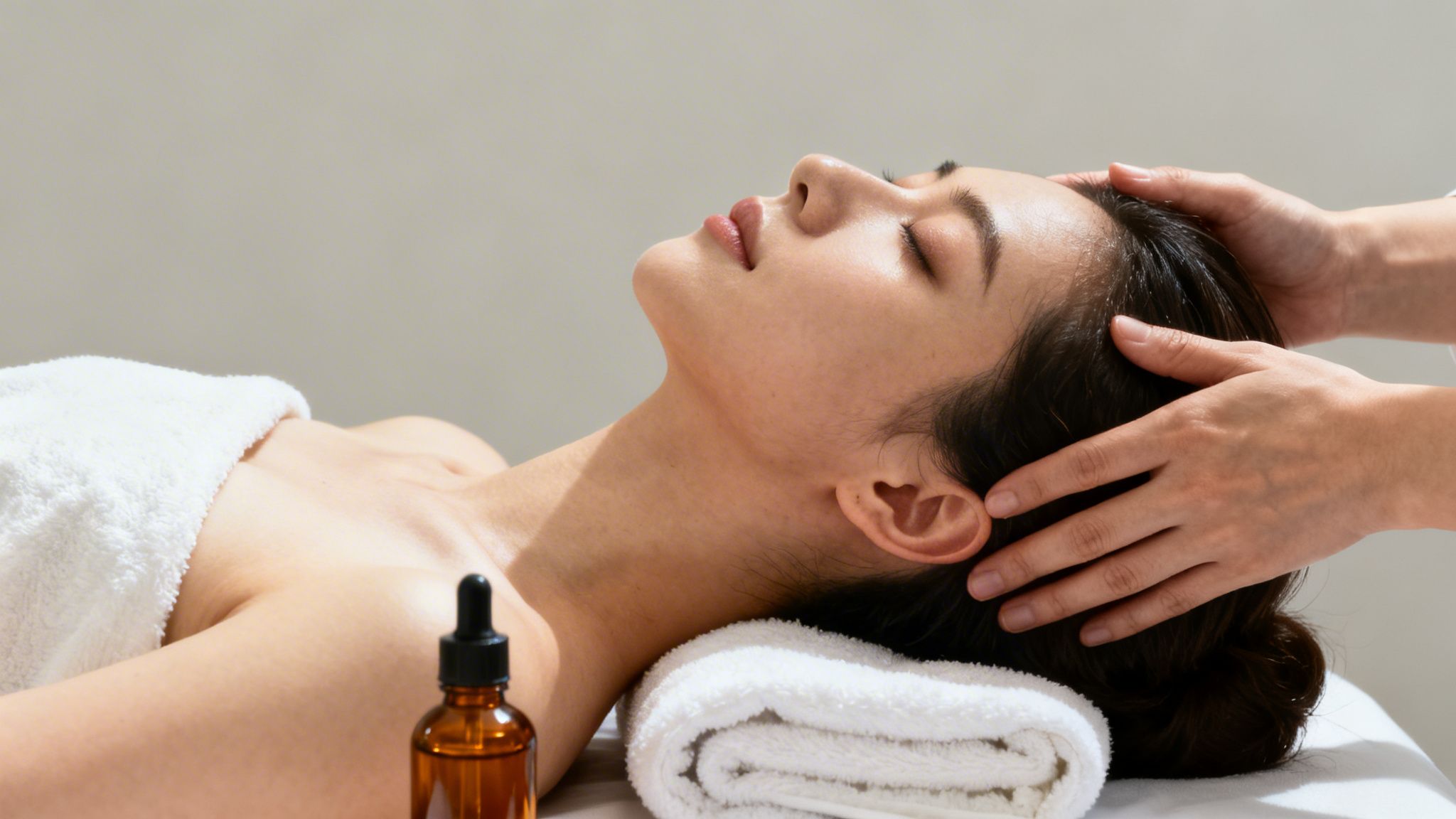 A serene woman with closed eyes receives a relaxing head massage at a spa.