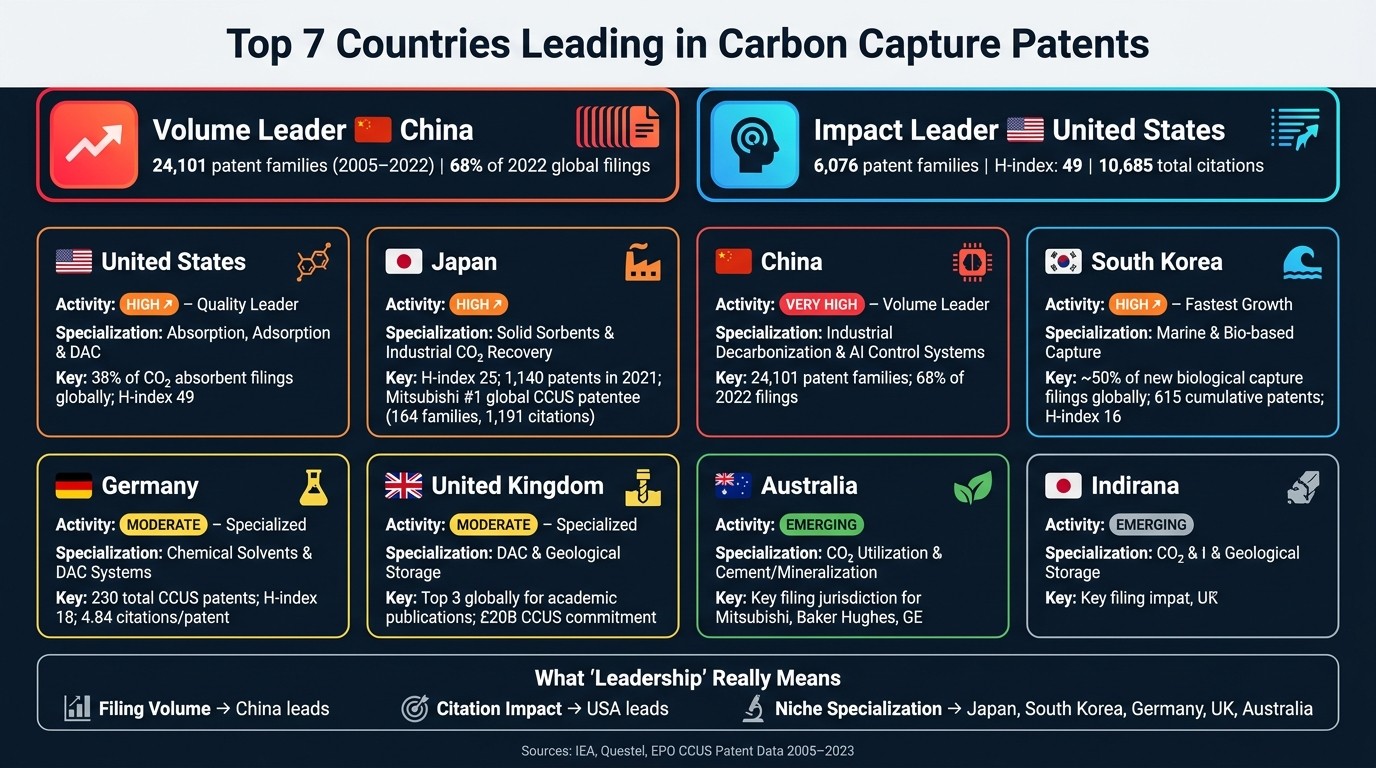 Top 7 Countries Leading in Carbon Capture Patents: Volume vs. Impact