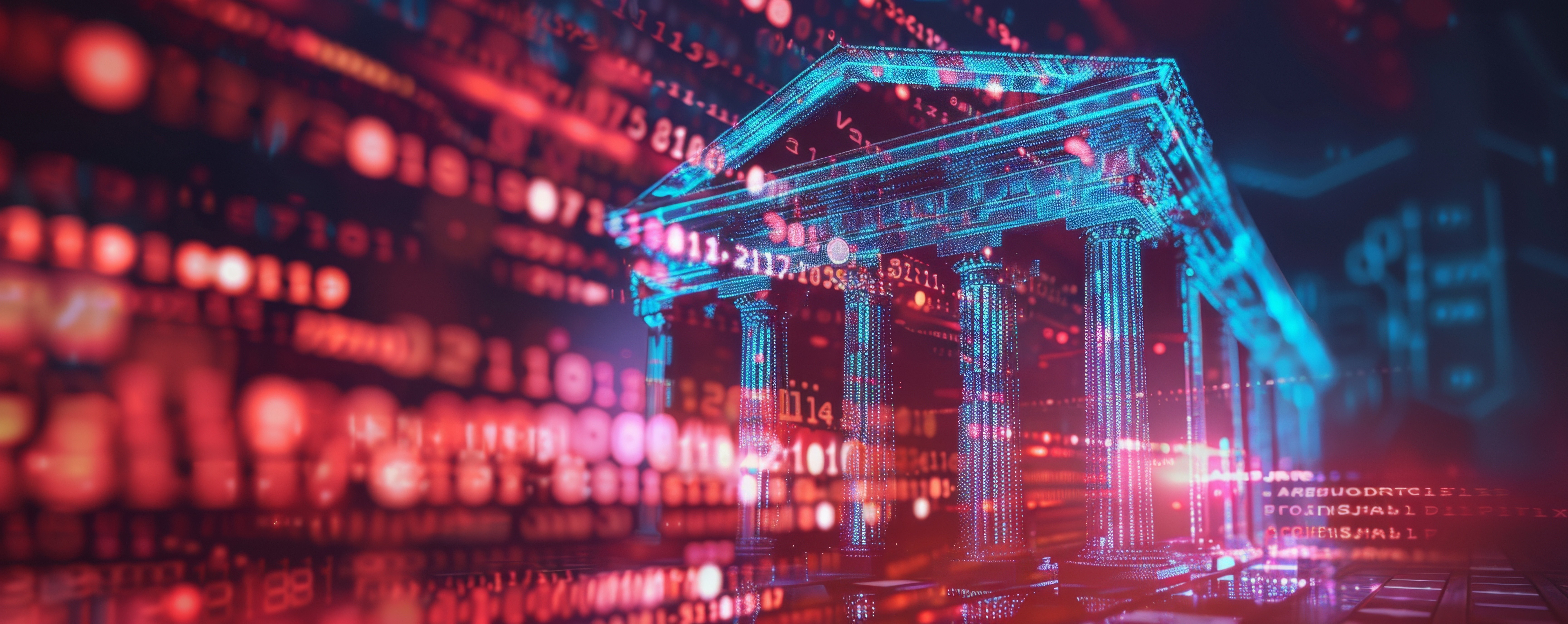 Cybersecurity Fortress A government building glows with streams of data, symbolizing the modern technology and robust cybersecurity measures safeguarding our digital world