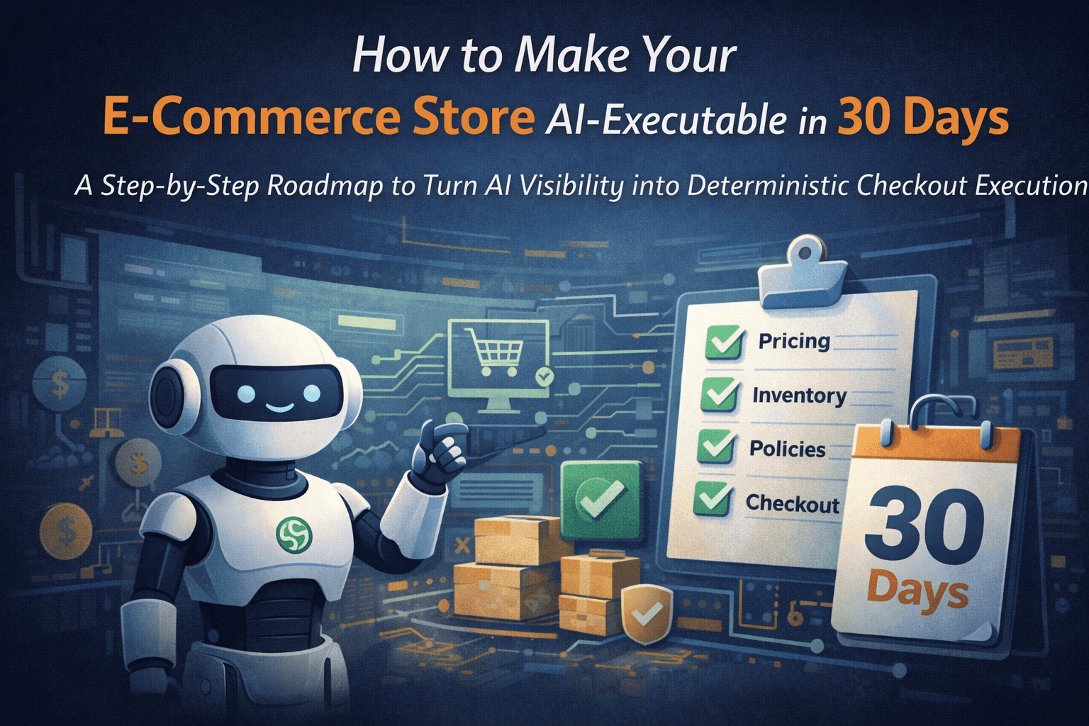AI-executable ecommerce store roadmap showing deterministic checkout and structured commerce infrastructure