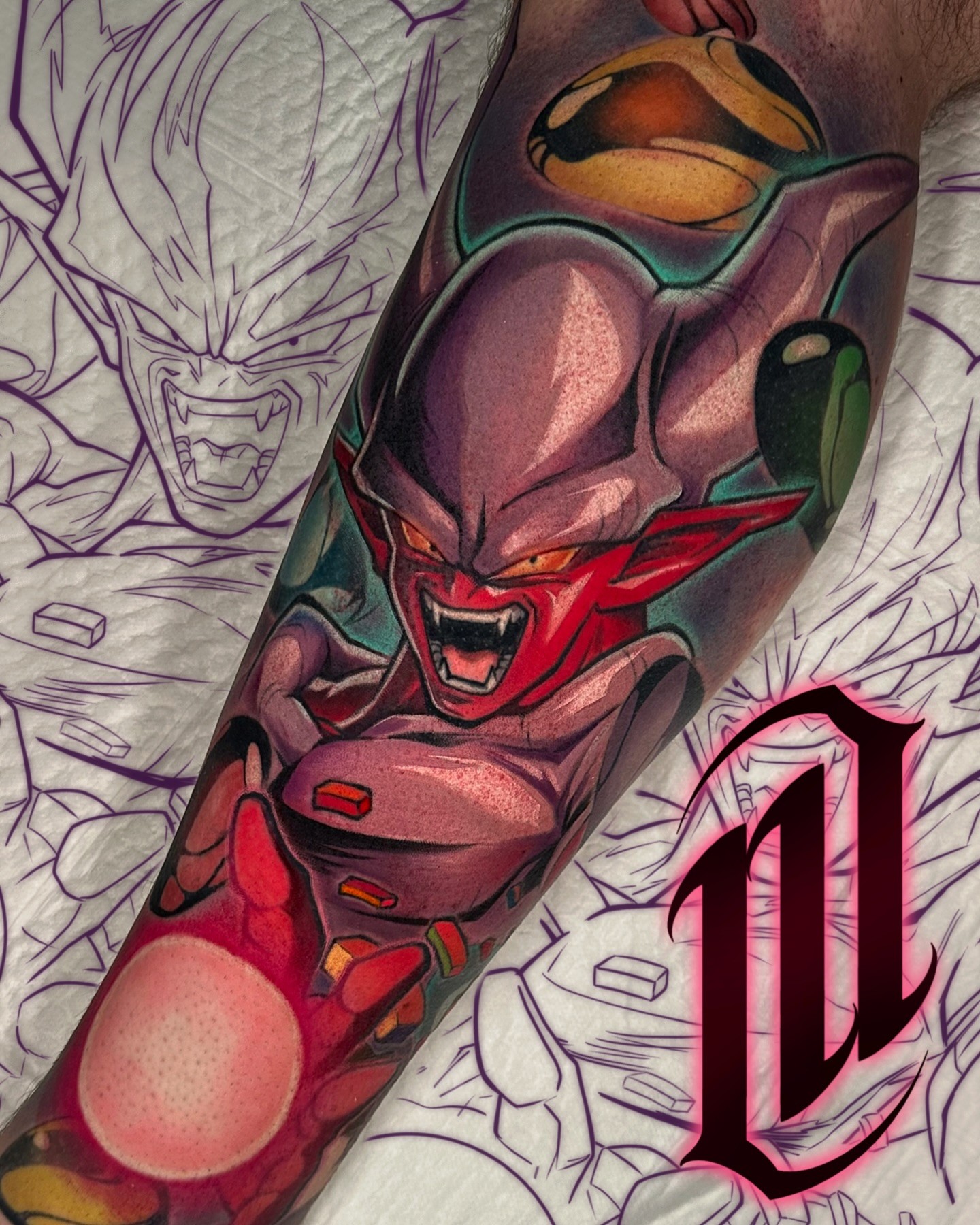 colorful anime tattoo of janemba from dragonball from marcus ottner in wynthall birmingham in england