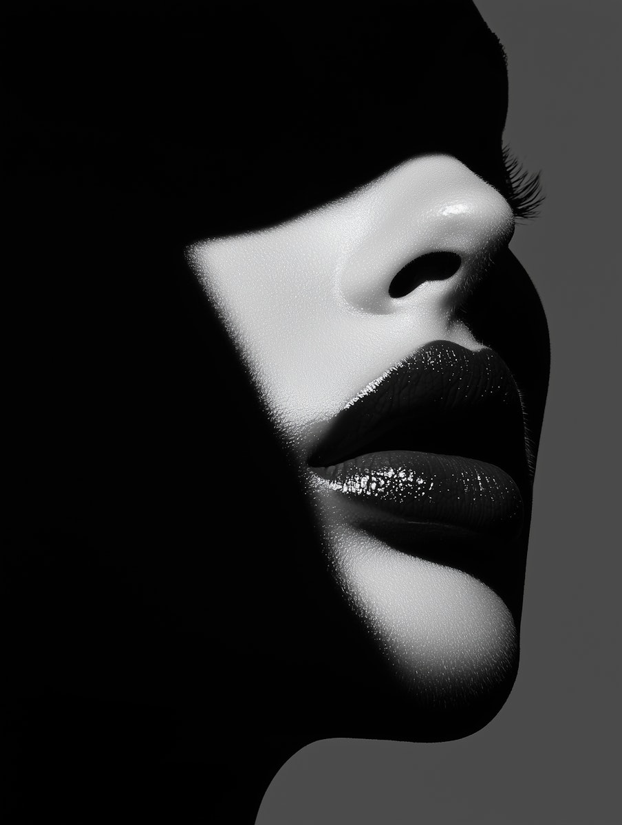 Dramatic black and white close-up of a face, highlighting glossy lips and nose with striking light and shadow contrast.