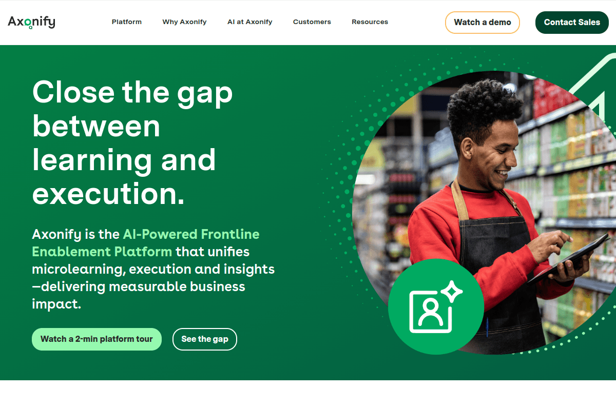 Axonify homepage headlined Close the gap between learning and execution with an AI-powered frontline enablement platform