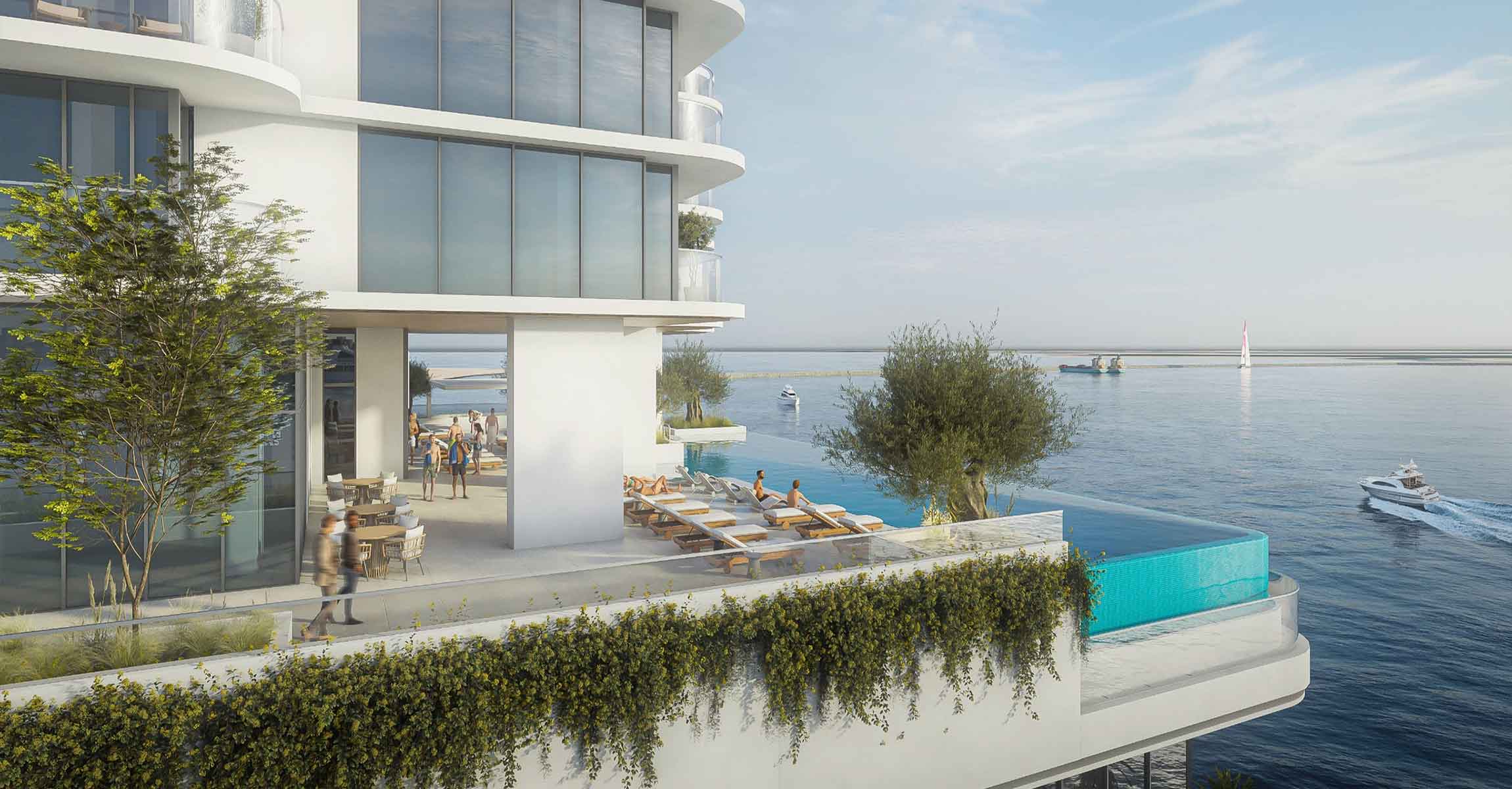  The living room showcases a large glass wall, providing a scenic view of the pool area.