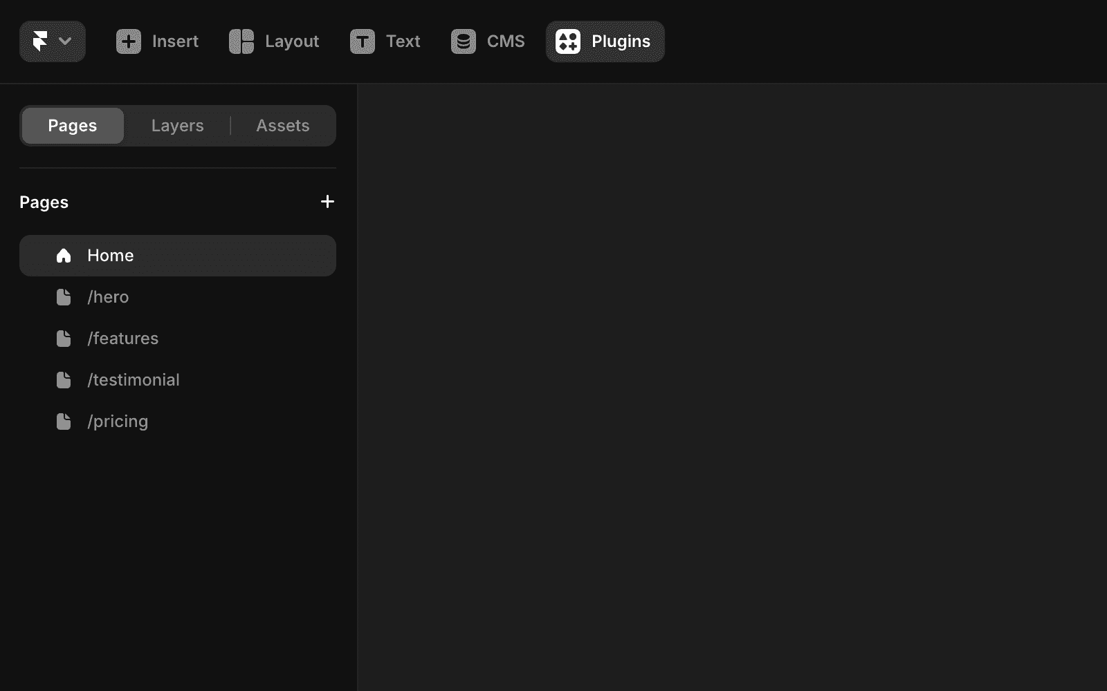 一个深色 UI 设计工作区,顶部工具栏提供“文本”和“插件”等工具。左侧位于“页面”标签页,显示垂直排列的页面列表,其中“首页”被选中,下方还有“/hero”和“/testimonial”等页面。
