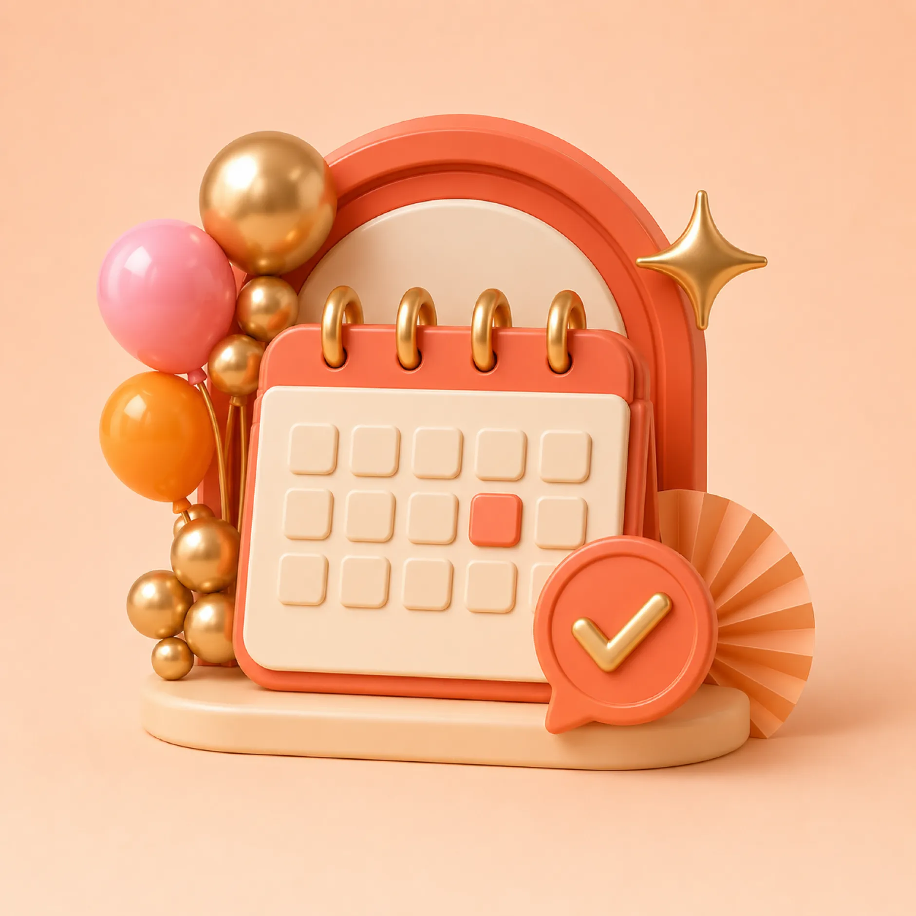 Ilustração 3D de calendário de reserva com balões decorativos, ícone de confirmação e detalhes em tons laranja, rosa e dourado.