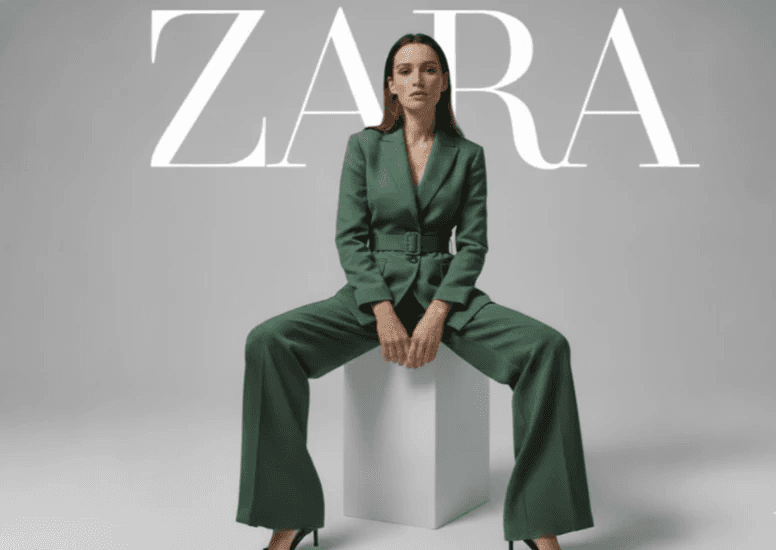 AI-generated model in a Zara fashion campaign pose, example of AI visuals for apparel brands.
