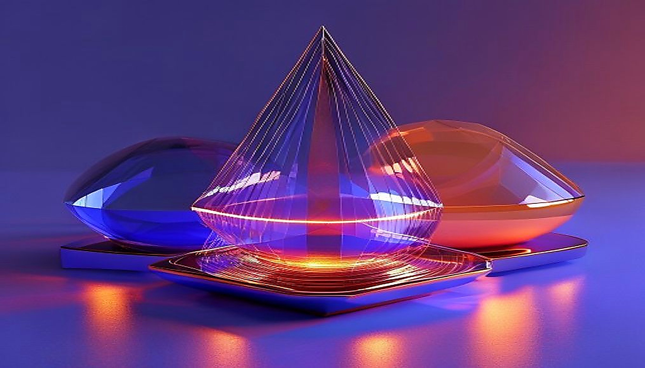 Four glowing geometric vessels in diagonal tension, visualizing the four UI UX design agency pricing billing models.
