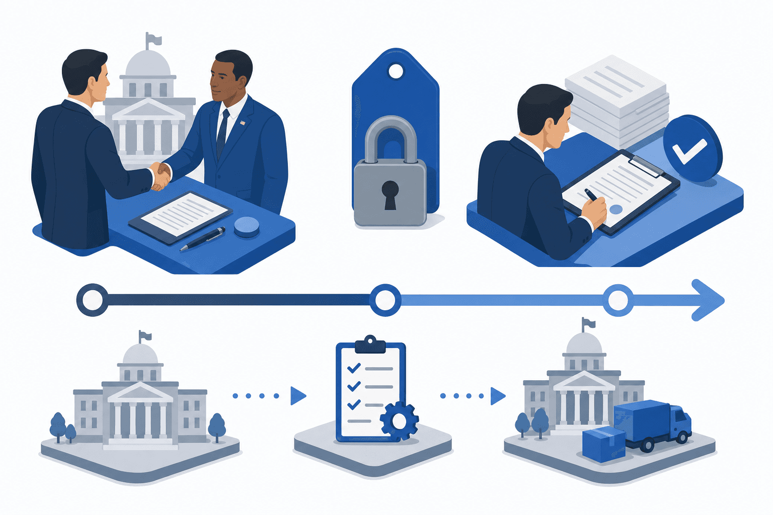 Professional business illustration showing a government contract workflow: a handshake between business person and government official, with a locked price tag or padlock symbol, documents being signed, and a timeline arrow showing progression from negotiation to delivery. Clean, modern style with blue and gray color palette, isometric or flat design, no text or words.
