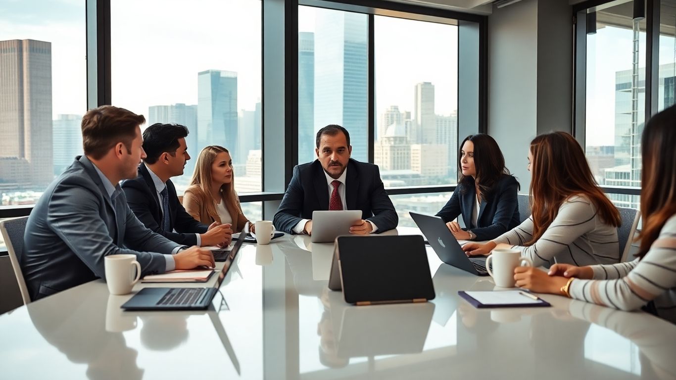 Team brainstorming sales strategies in modern office.