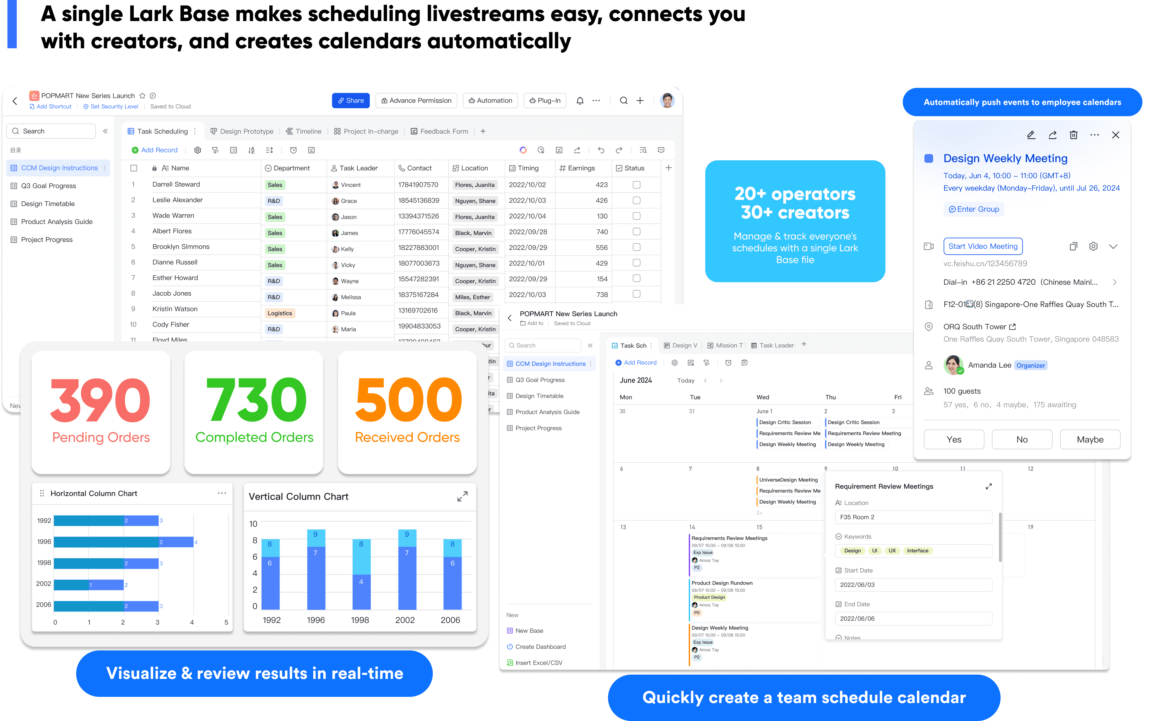 Manage livestream schedule, creators and contributors in a single Lark Base file