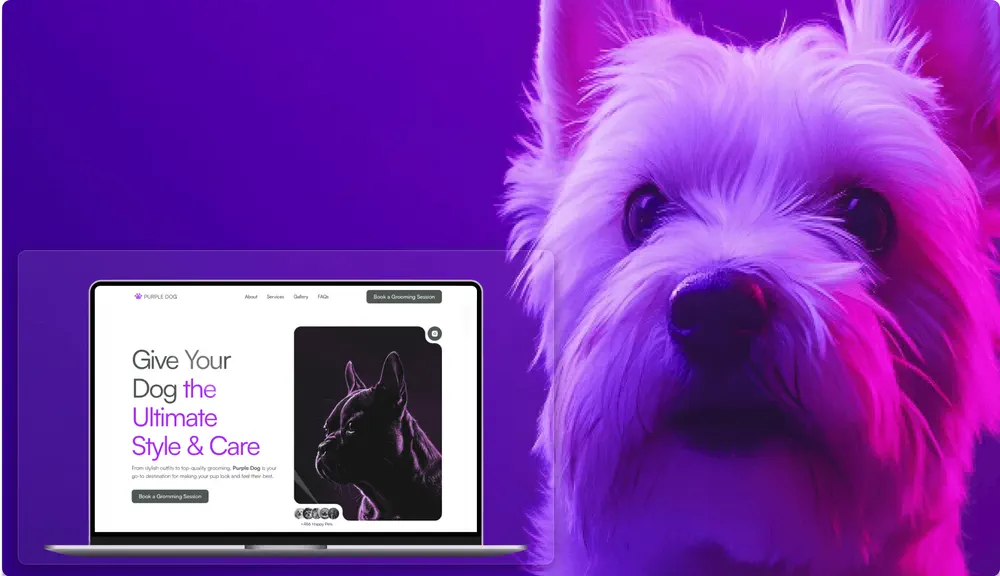 Pet brand website with vibrant purple aesthetic and playful dog visuals