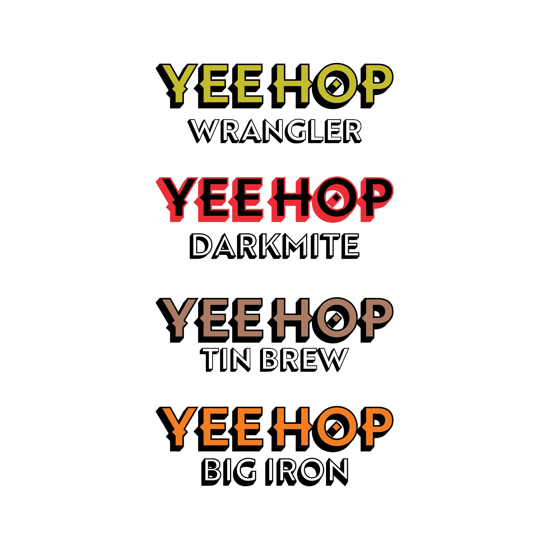 Logos for all four YeeHop beer flavours: Wrangler, Darkmite, Tin Brew, and Big Iron.