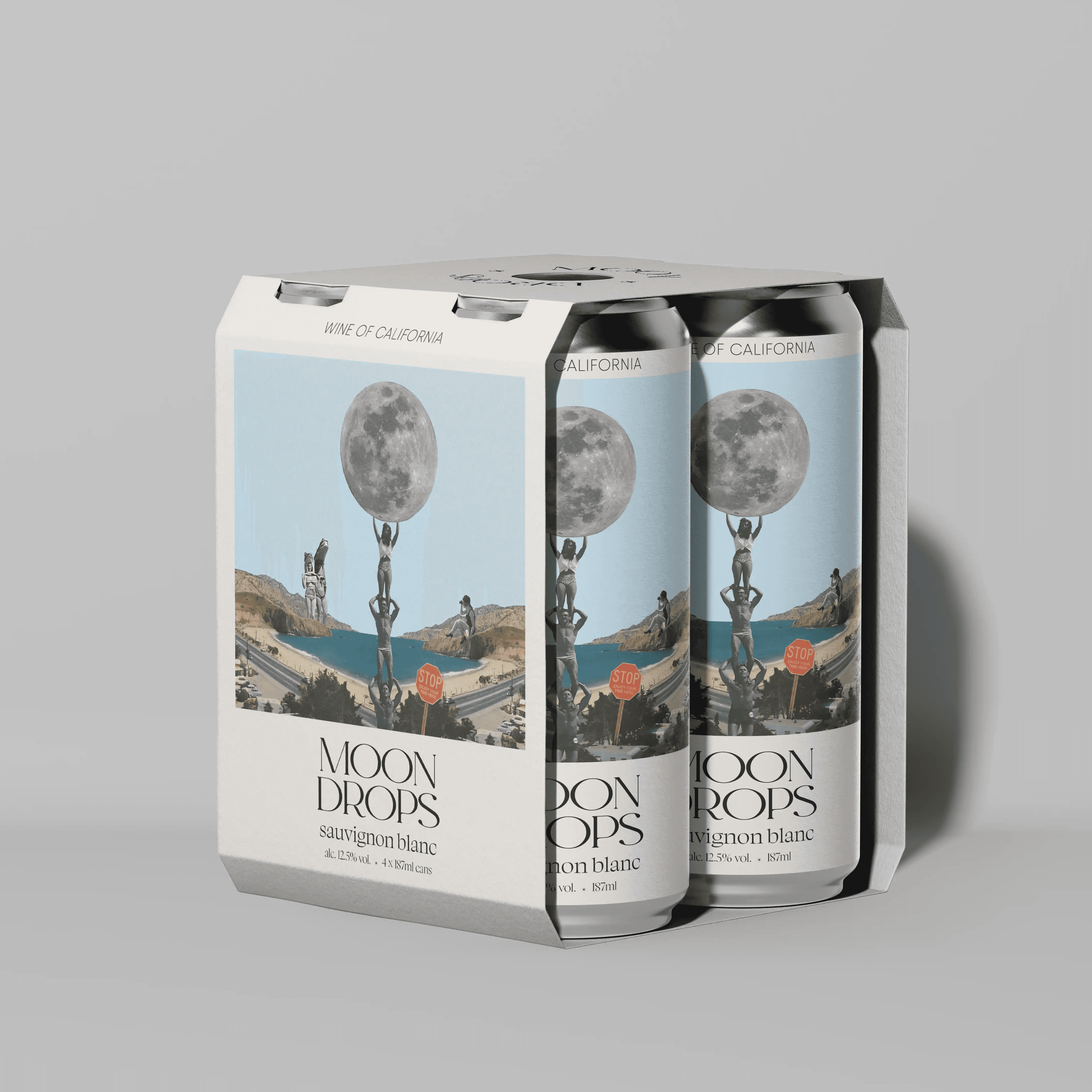 Alcohol packaging with the name 'Moon Drops' below a collaged image composed of vintage images depicting the beach and a moon.