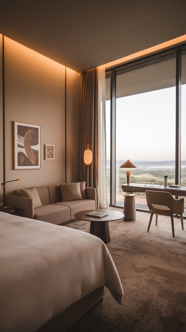 A modern hotel suite with warm lighting and city view through large windows | Lunasole Hospitality