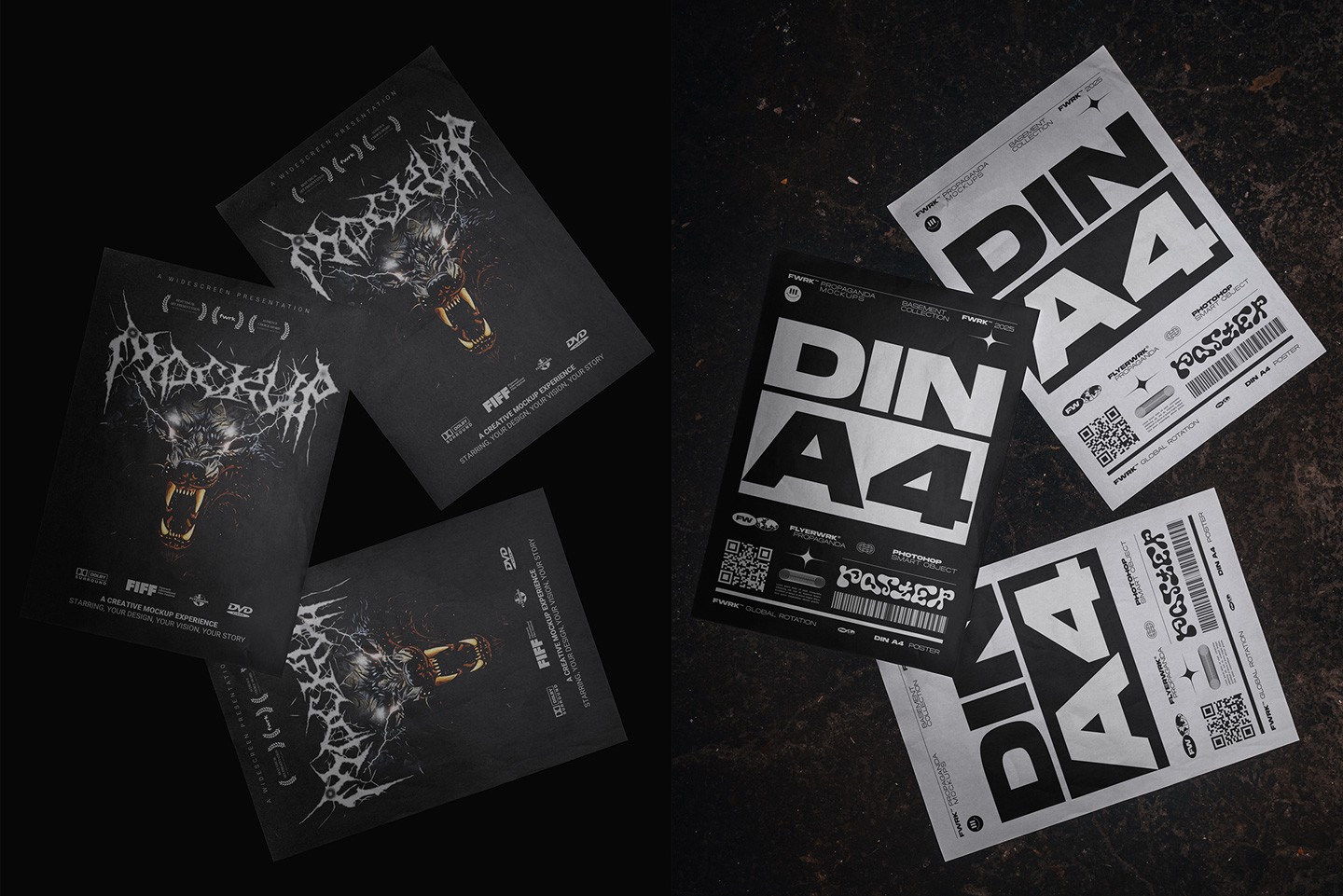 A4 mockup featuring dark-themed metal and punk inspired posters on a gritty industrial floor