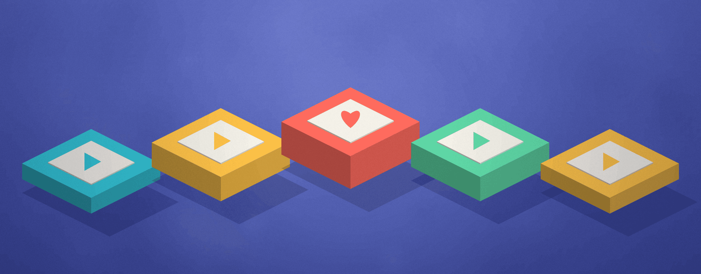 Flat-3D isometric lineup of five floating play-screen tiles at staggered heights in aqua, marigold, coral, and mint, the center coral tile carrying a heart, on a textured periwinkle field — the formats internal healthcare video carries. Raised Media Co.