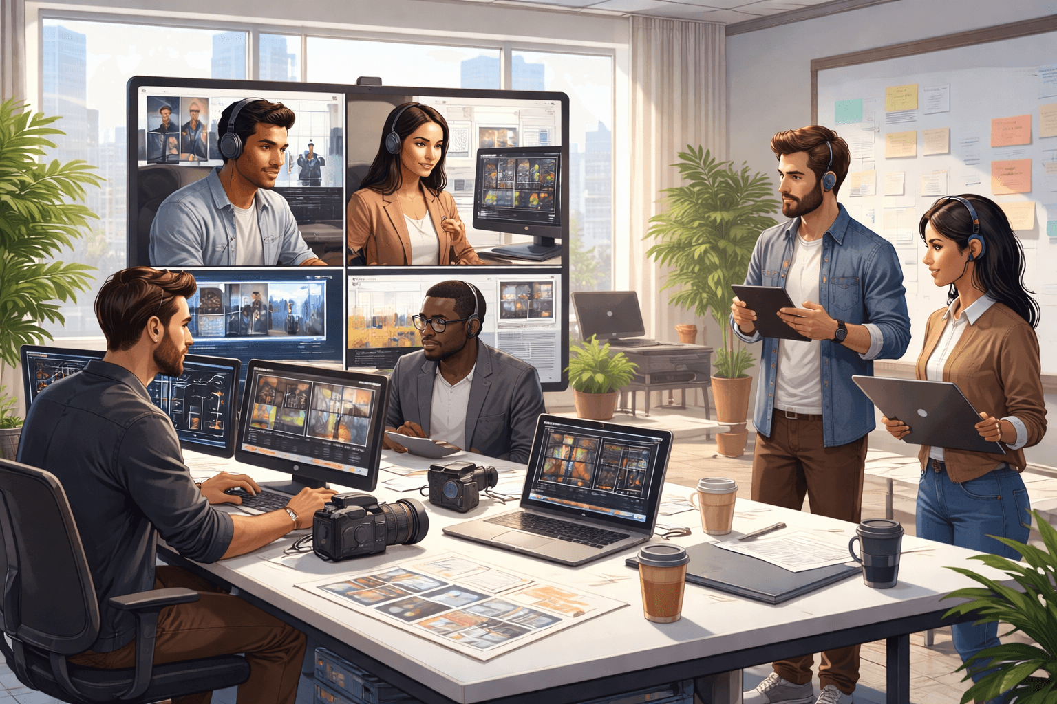 A diverse team collaborates in a modern office, with screens displaying video calls and digital work.