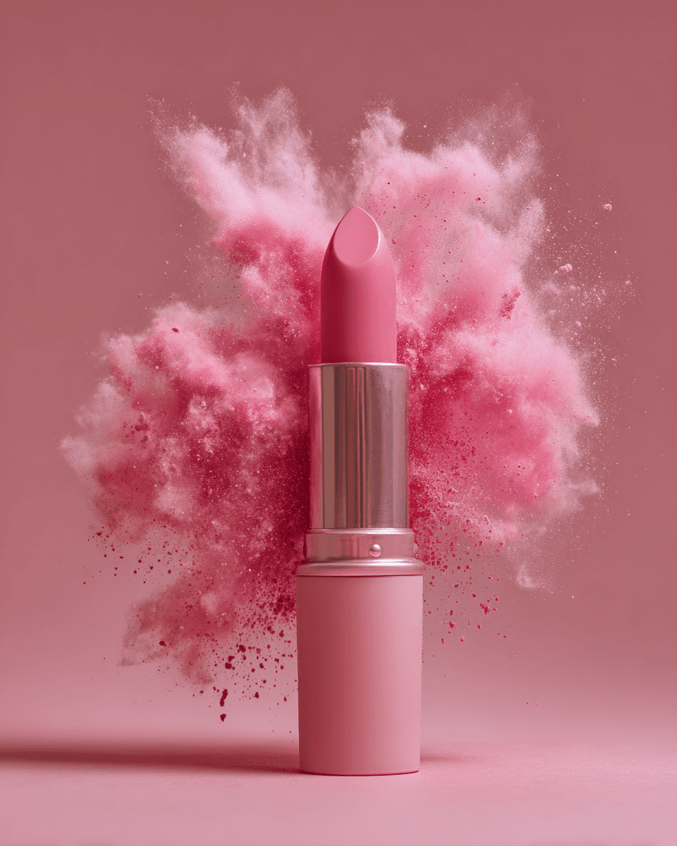 Pink lipstick with exploding pink powder.