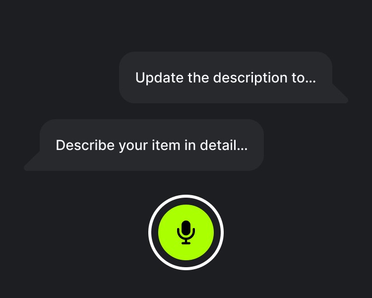 Audio transcription screen with microphone button for updating item details