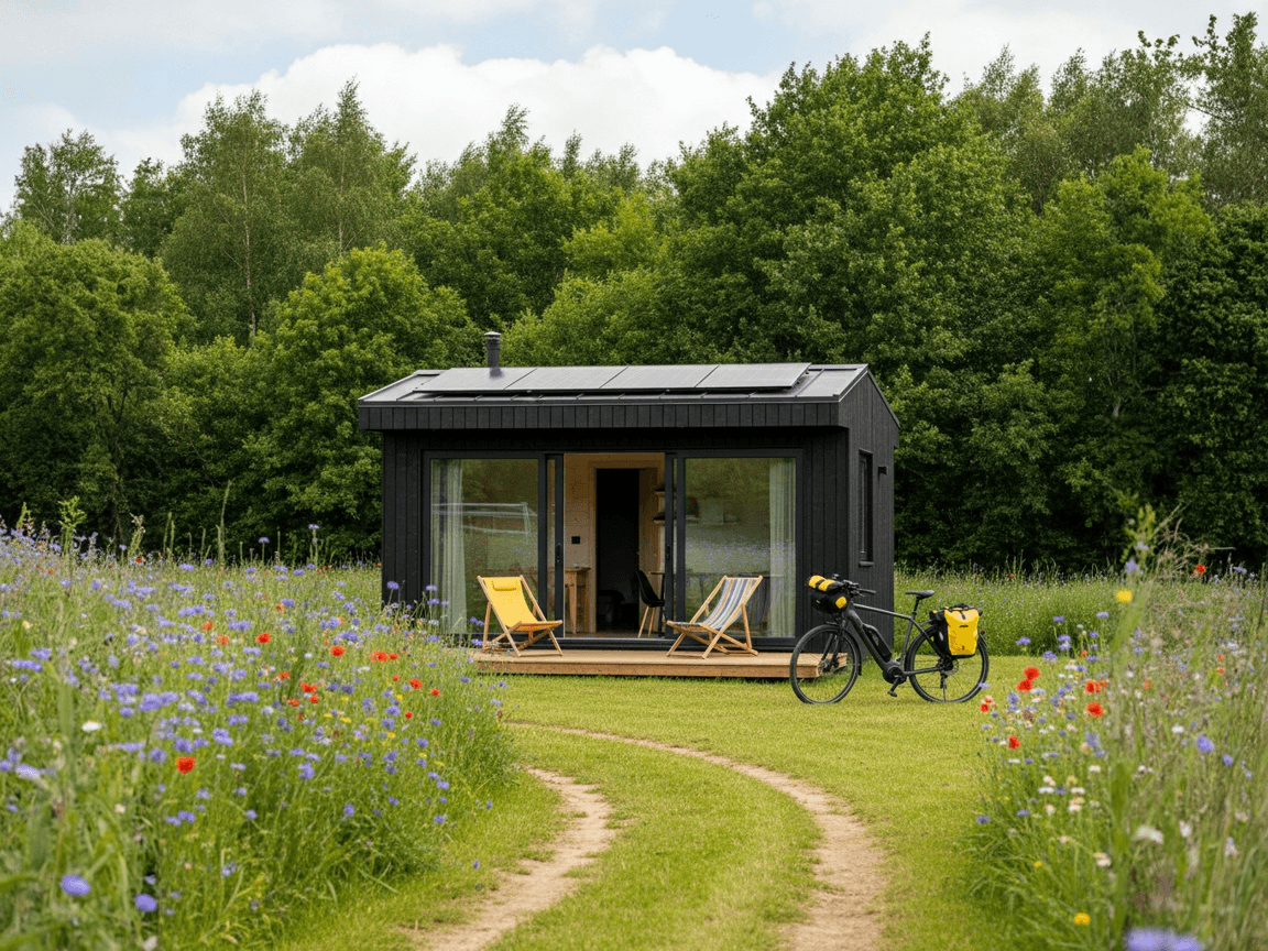 Photo d'une petite cabanne en bois eco-friendly dans lature équipée de panneaux photovoltaïque posées par Solarock
