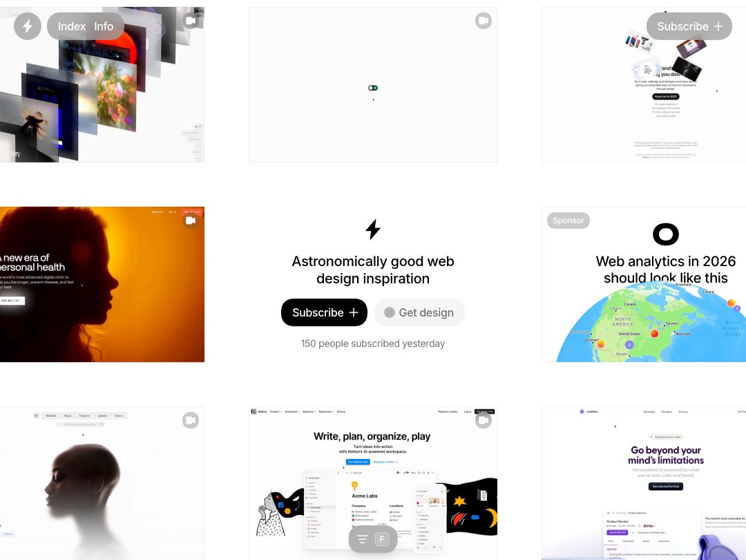 Grid showcasing diverse web design examples and creative inspirations.