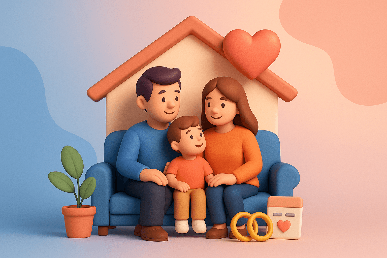 Ilustrasi clay 3D sebuah keluarga terdiri dari ayah, ibu, dan anak duduk di sofa biru dalam rumah dengan hati coral di atas atap, latar gradasi biru–coral hangat dengan bentuk abstrak.