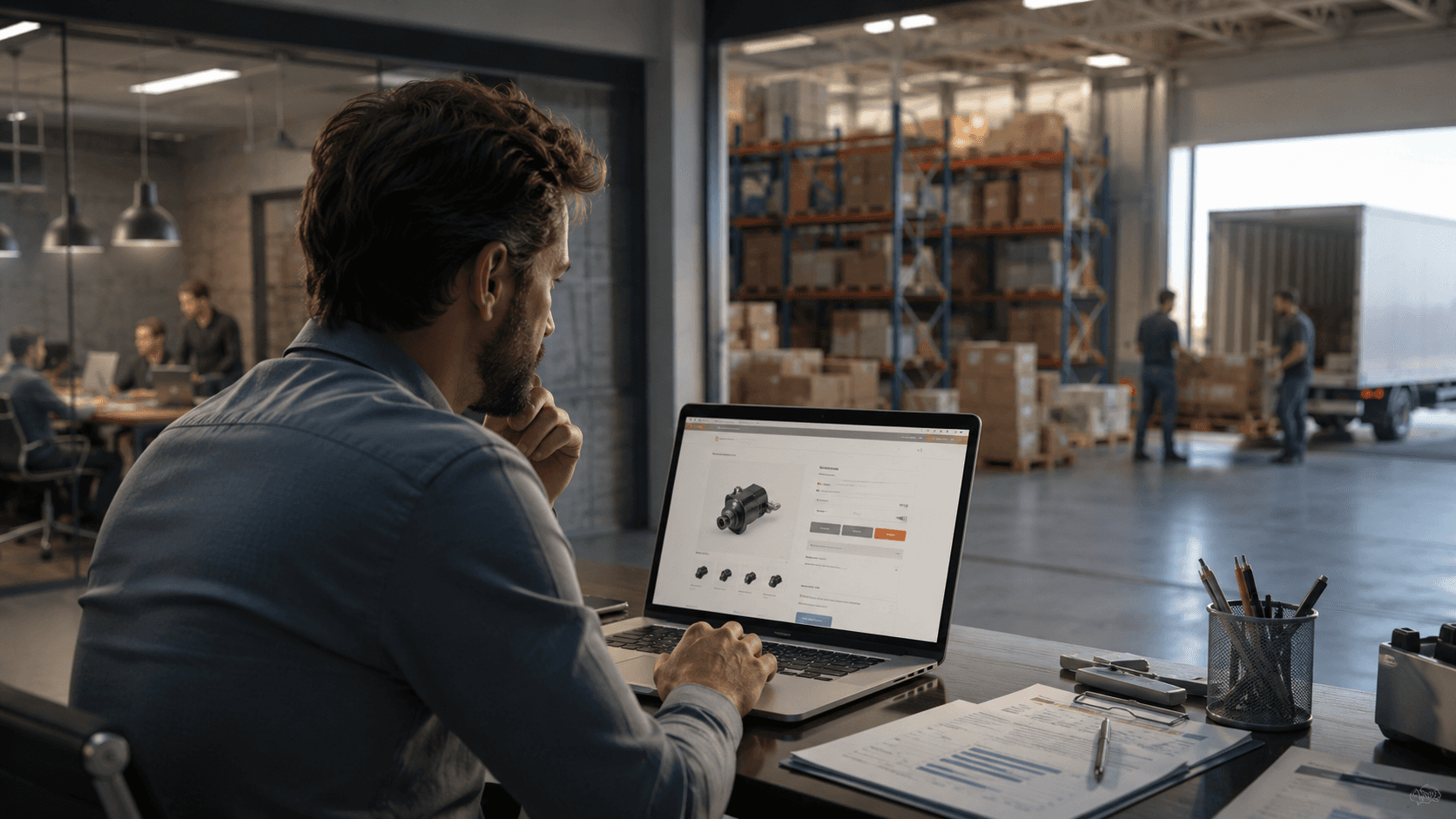 Homem analisando um e-commerce B2B em um notebook dentro de um escritório integrado a um centro de distribuição moderno. Ao fundo, prateleiras de estoque, caixas, operação logística e equipe trabalhando em ambiente industrial. A cena transmite a ideia de uma distribuidora profissional avaliando limitações de uma plataforma tradicional de e-commerce diante de necessidades mais avançadas de vendas B2B, como gestão corporativa, integração com ERP e operação em escala. Estilo realista 3D, iluminação cinematográfica suave, enquadramento horizontal 16:9.