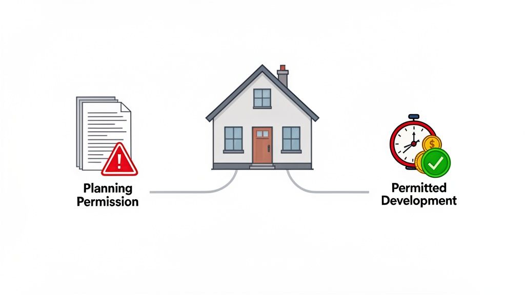 Diagram comparing a house needing planning permission versus permitted development, showing benefits.