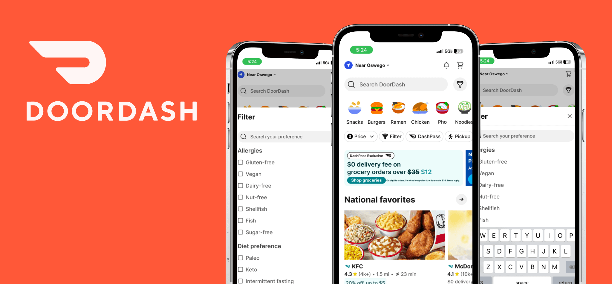 Shows mobile mockups for the Homepage, and filters on the app