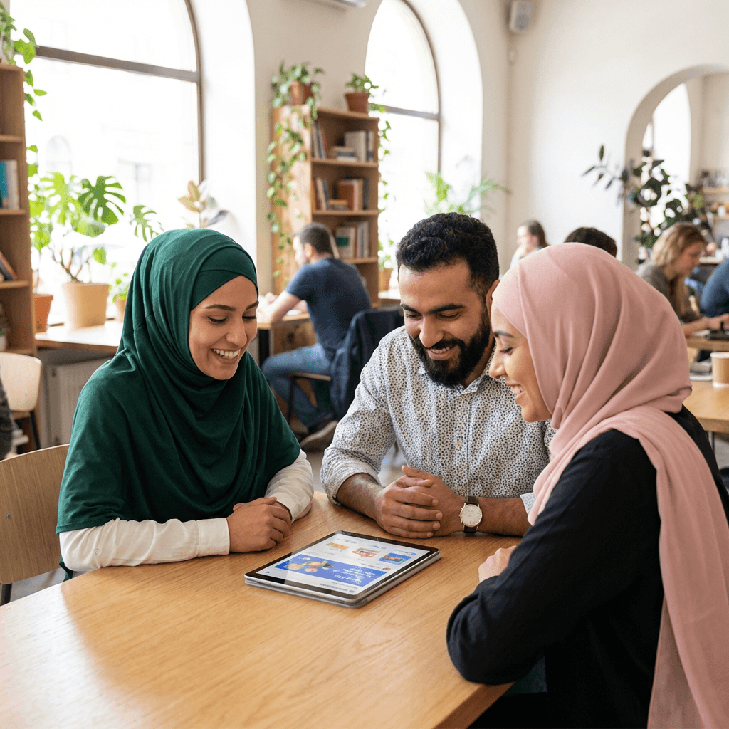 A diverse team of Muslim marketing professionals collaborating and analyzing a social media grid layout on a tablet at our Muslim social media marketing agency office.
