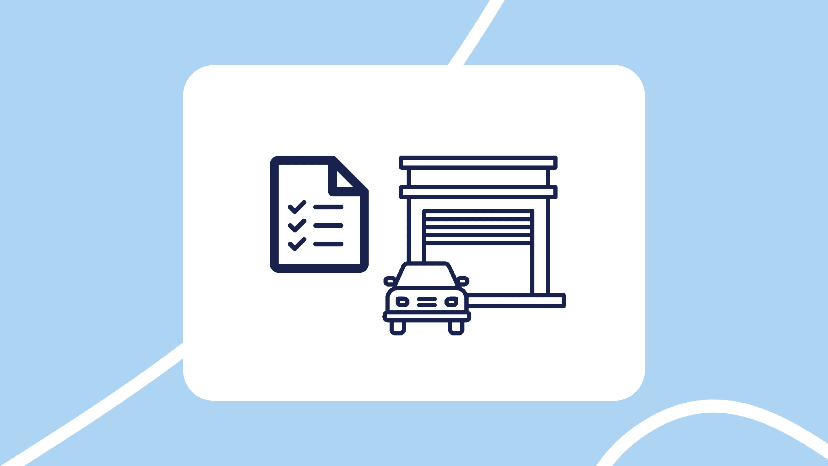 Icono lineal de un concesionario con un coche delante y, a la izquierda, un documento con una lista de verificación.