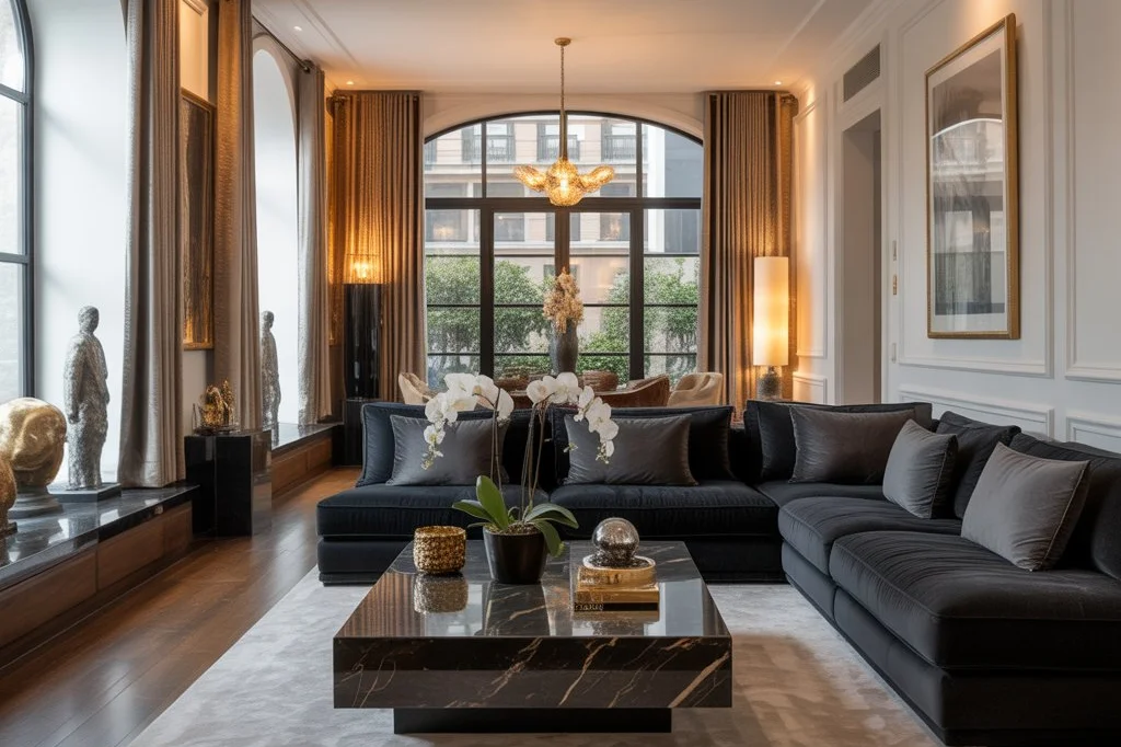 Luxuriöses Wohnzimmer mit Kunstskulpturen und Marmortisch – Hausrat und Kunstversicherung