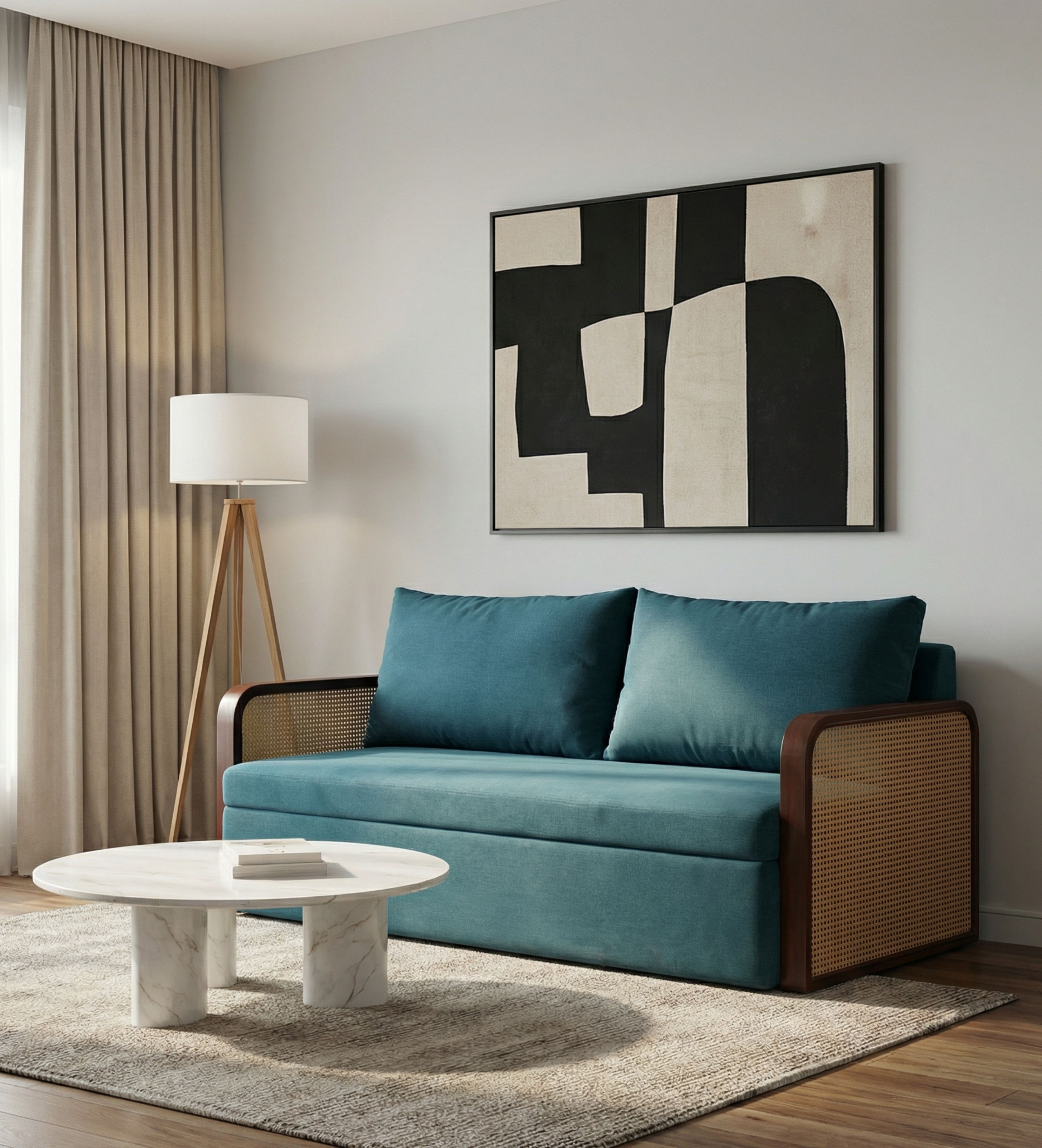 Luxury contemporary cane sofa with teal upholstery and wooden frame