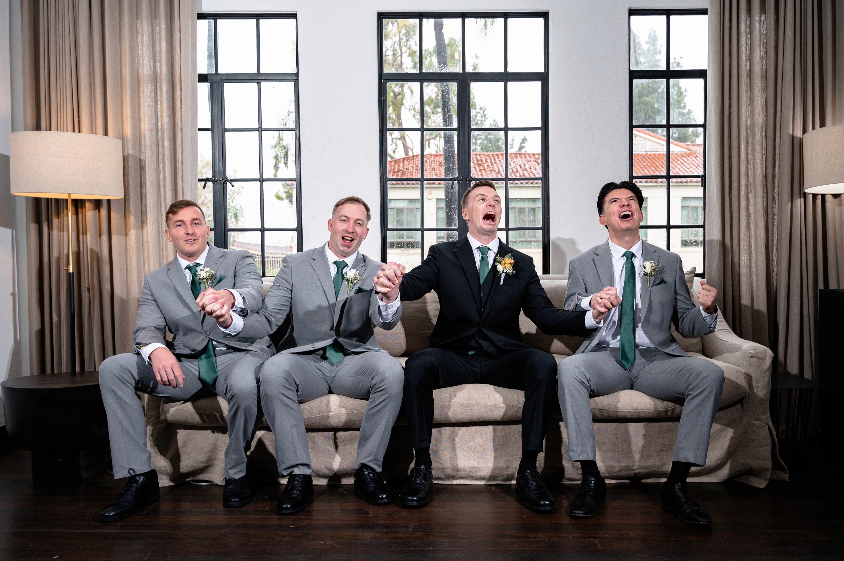 Flat lay wedding details with bouquet, rings, and sparkling bridal heels